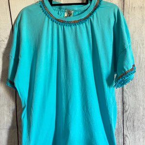 277 Aqua scoop neck tee with milt-color braided ribbon accents